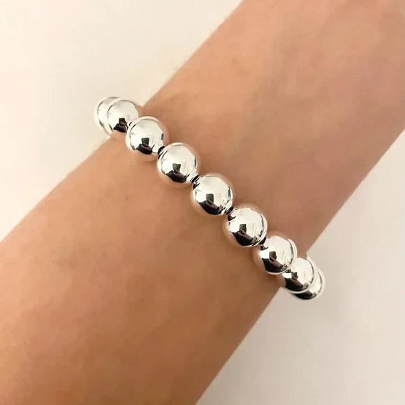 925 Sterling Silver Bead Bracelet 10 MM Ball Bracelet Large Round Bracelet - Picture 1 of 6
